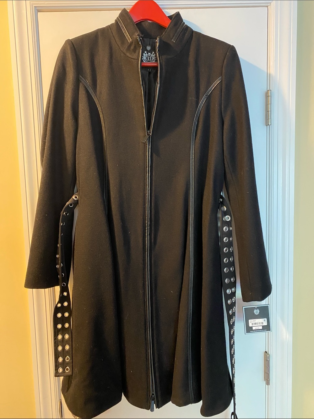 Dan Levy Stunning Black Wool Stretch Leather Like Trim Double Zip Coat NWT